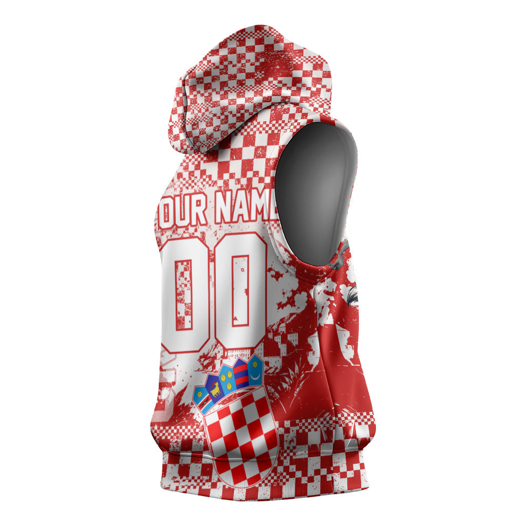 Personalized Croatia Football Wolf Mascot Sleeveless Hoodie Checkerboard Soccer Pride - Splatter Textures
