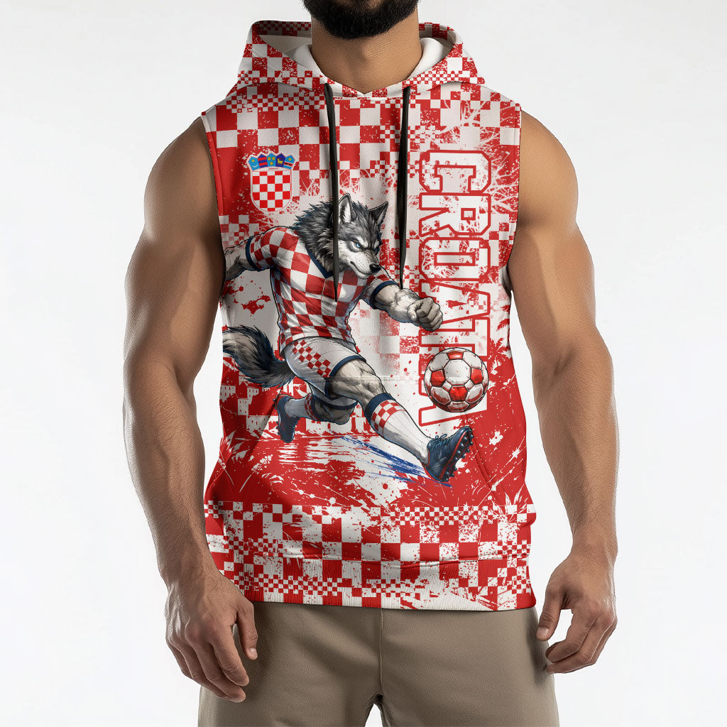 Personalized Croatia Football Wolf Mascot Sleeveless Hoodie Checkerboard Soccer Pride - Splatter Textures