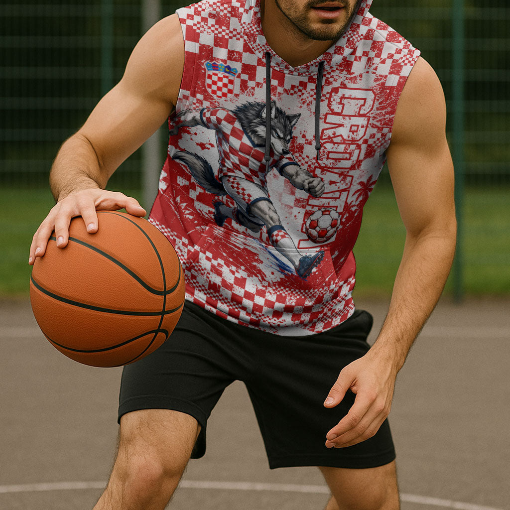 Personalized Croatia Football Wolf Mascot Sleeveless Hoodie Checkerboard Soccer Pride - Splatter Textures