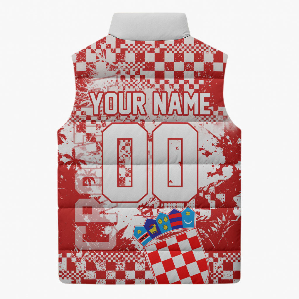 Personalized Croatia Football Wolf Mascot Sleeveless Puffer Jacket Checkerboard Soccer Pride - Splatter Textures