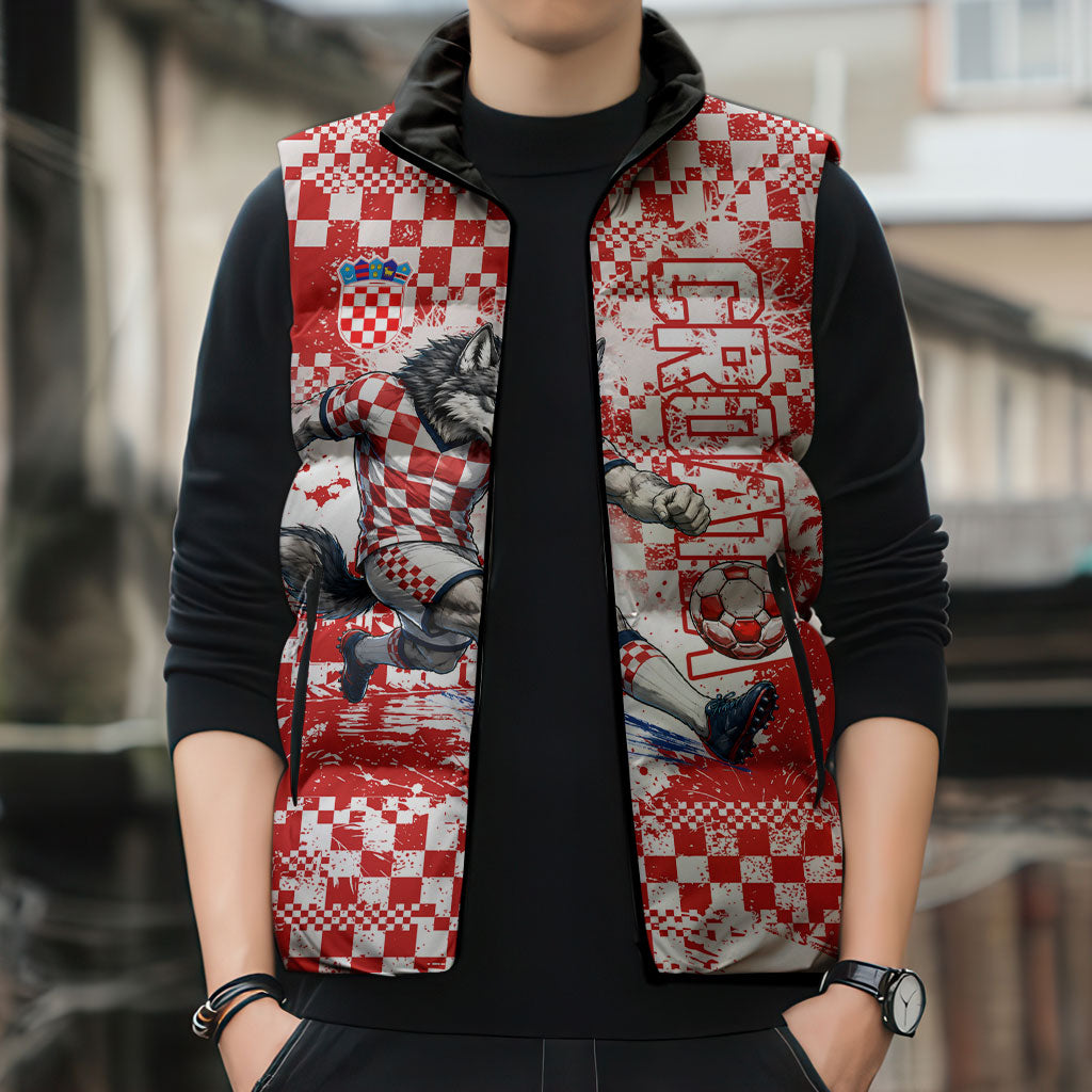 Personalized Croatia Football Wolf Mascot Sleeveless Puffer Jacket Checkerboard Soccer Pride - Splatter Textures