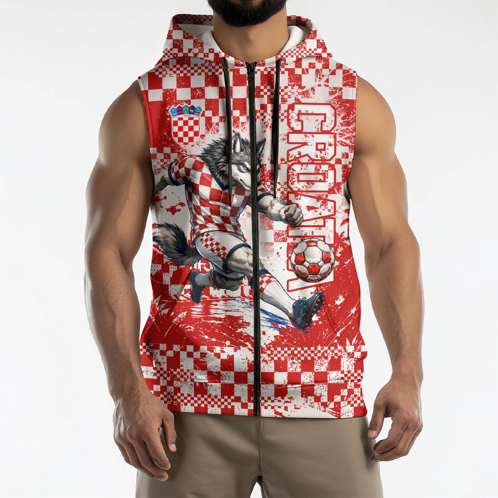 Personalized Croatia Football Wolf Mascot Sleeveless Zip Hoodie Checkerboard Soccer Pride - Splatter Textures