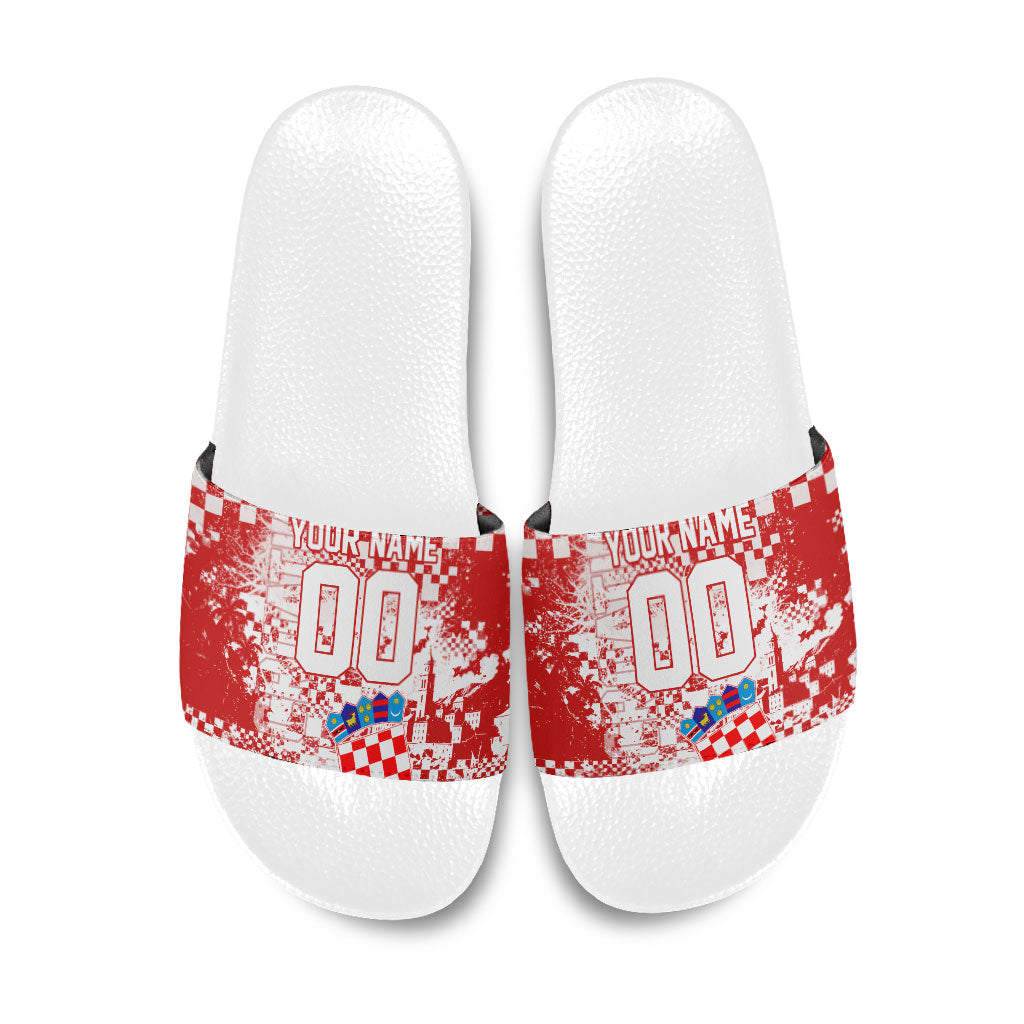 Personalized Croatia Football Wolf Mascot Slide Sandals Checkerboard Soccer Pride - Splatter Textures