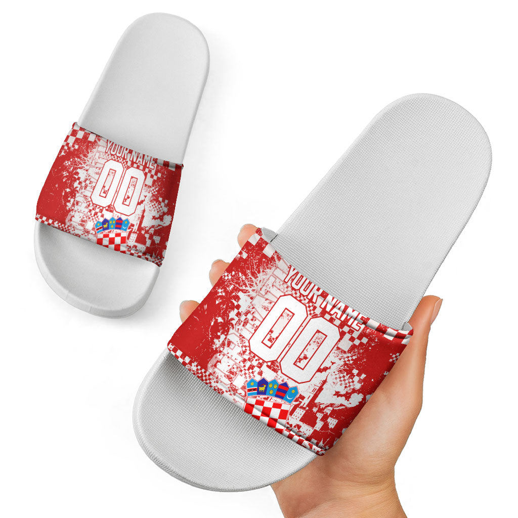 Personalized Croatia Football Wolf Mascot Slide Sandals Checkerboard Soccer Pride - Splatter Textures