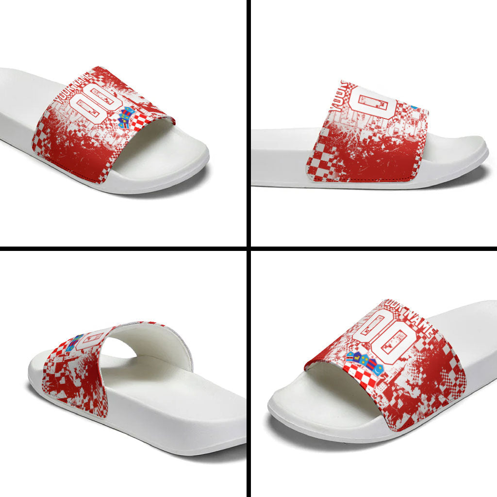 Personalized Croatia Football Wolf Mascot Slide Sandals Checkerboard Soccer Pride - Splatter Textures