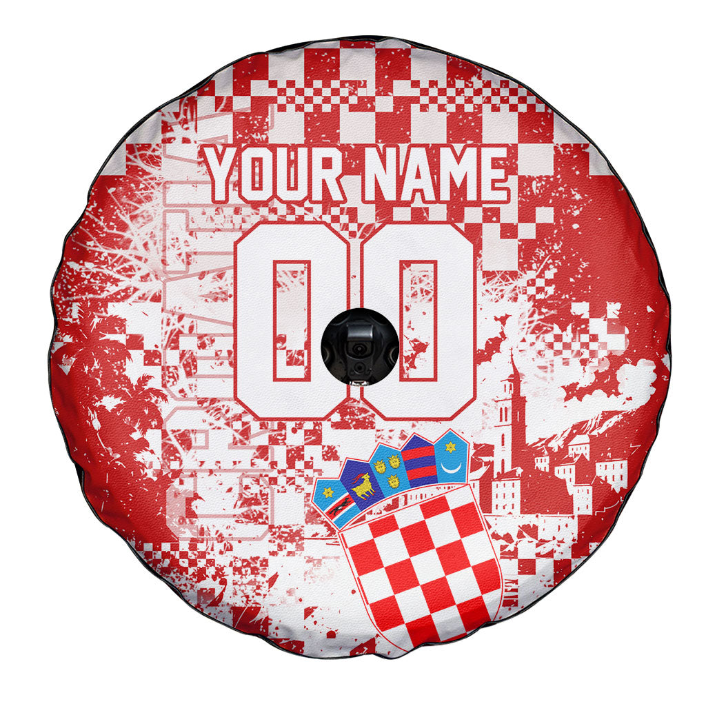 Personalized Croatia Football Wolf Mascot Spare Tire Cover Checkerboard Soccer Pride - Splatter Textures