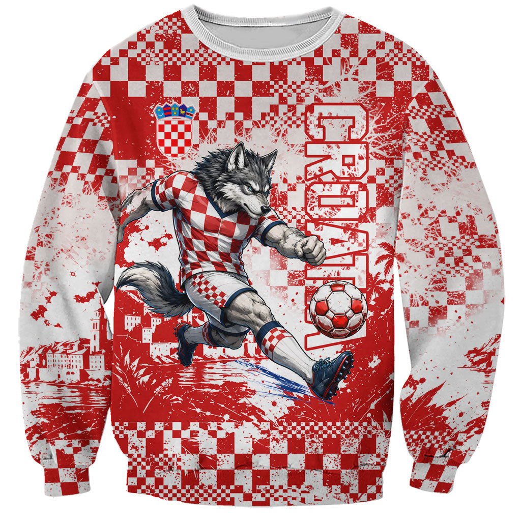 Personalized Croatia Football Wolf Mascot Sweatshirt Checkerboard Soccer Pride - Splatter Textures
