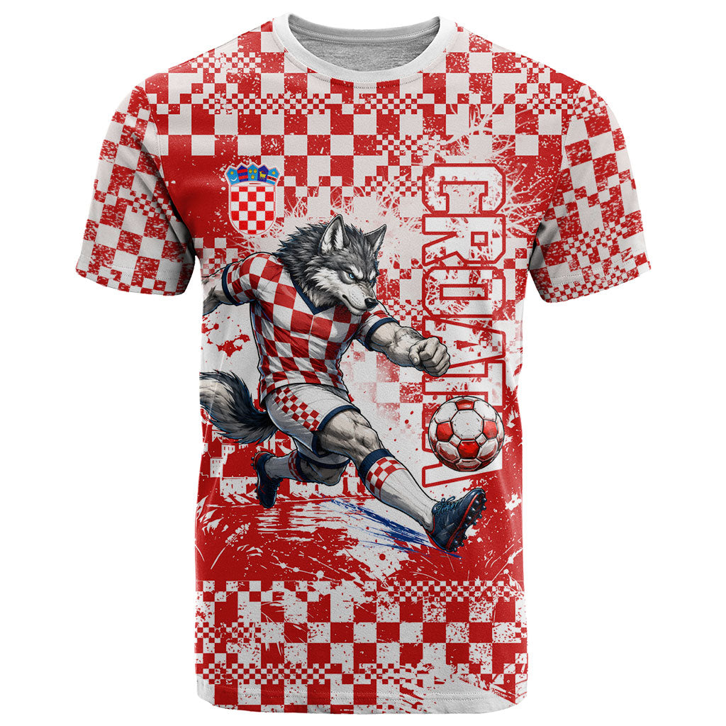 Personalized Croatia Football Wolf Mascot T Shirt Checkerboard Soccer Pride - Splatter Textures