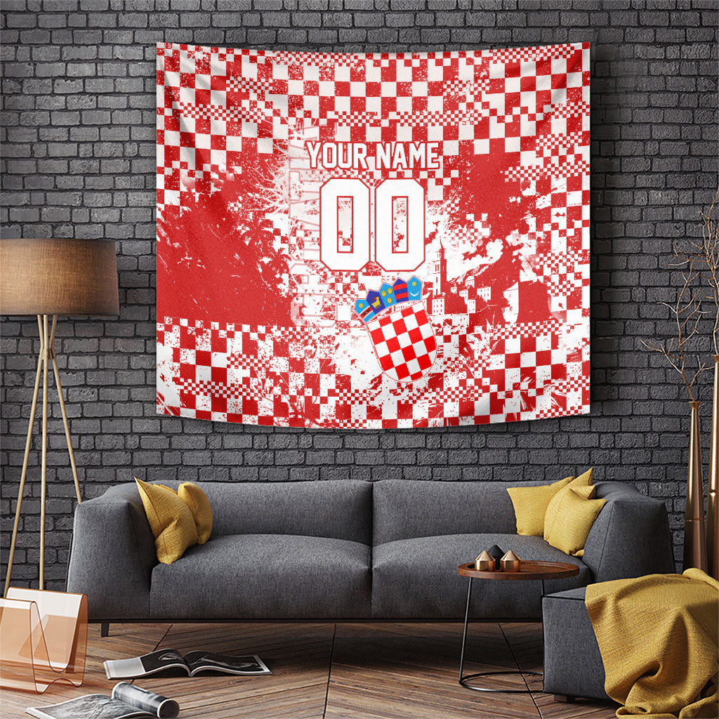 Personalized Croatia Football Wolf Mascot Tapestry Checkerboard Soccer Pride - Splatter Textures