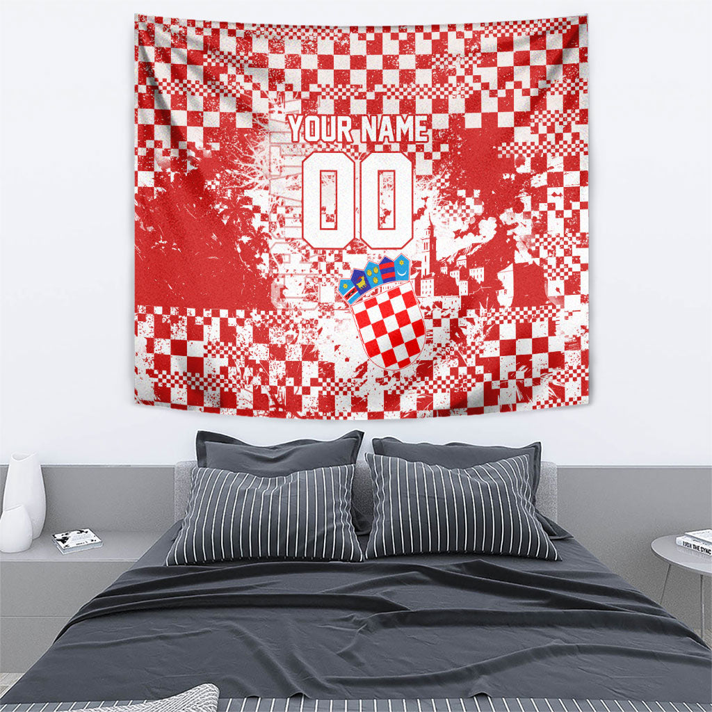 Personalized Croatia Football Wolf Mascot Tapestry Checkerboard Soccer Pride - Splatter Textures