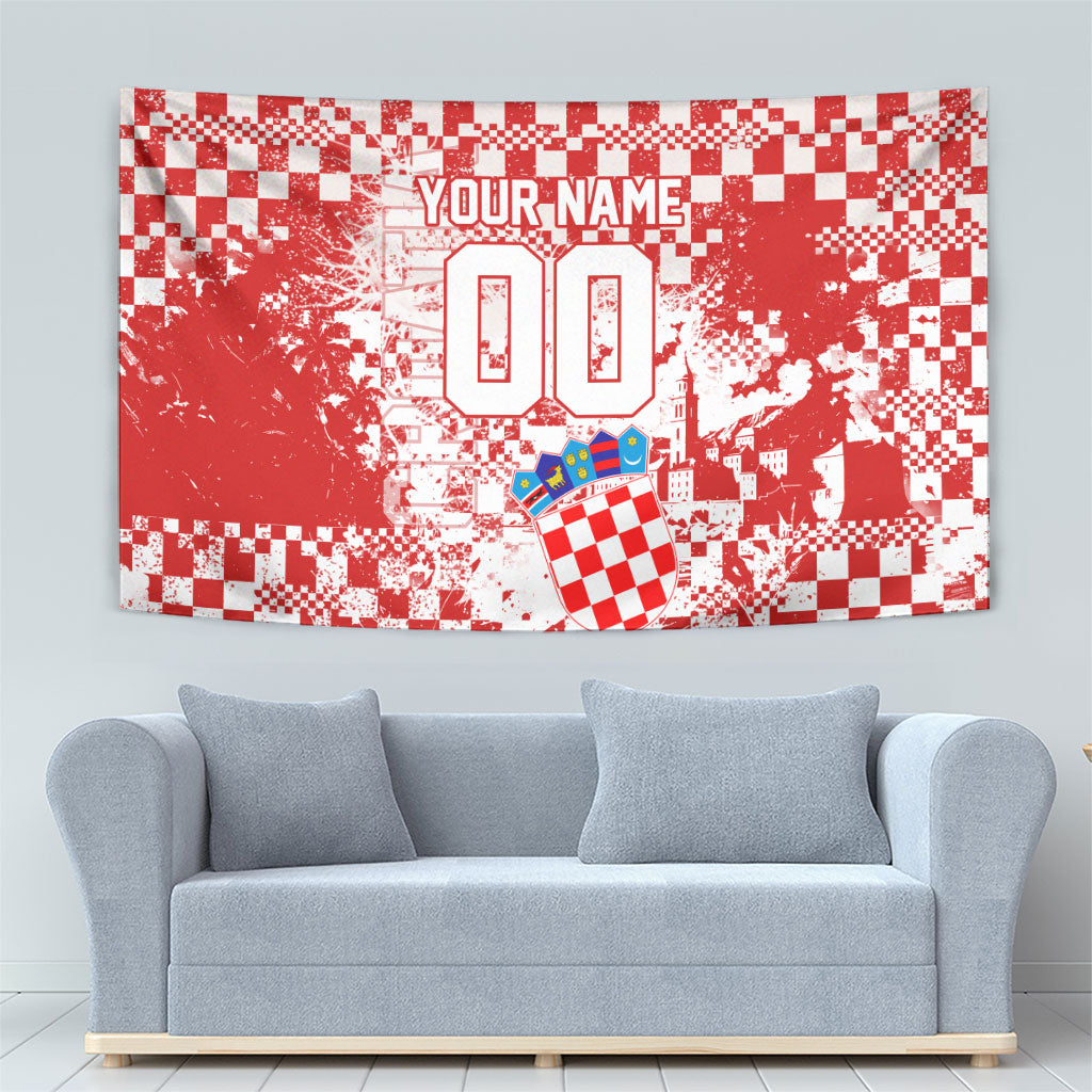 Personalized Croatia Football Wolf Mascot Tapestry Checkerboard Soccer Pride - Splatter Textures