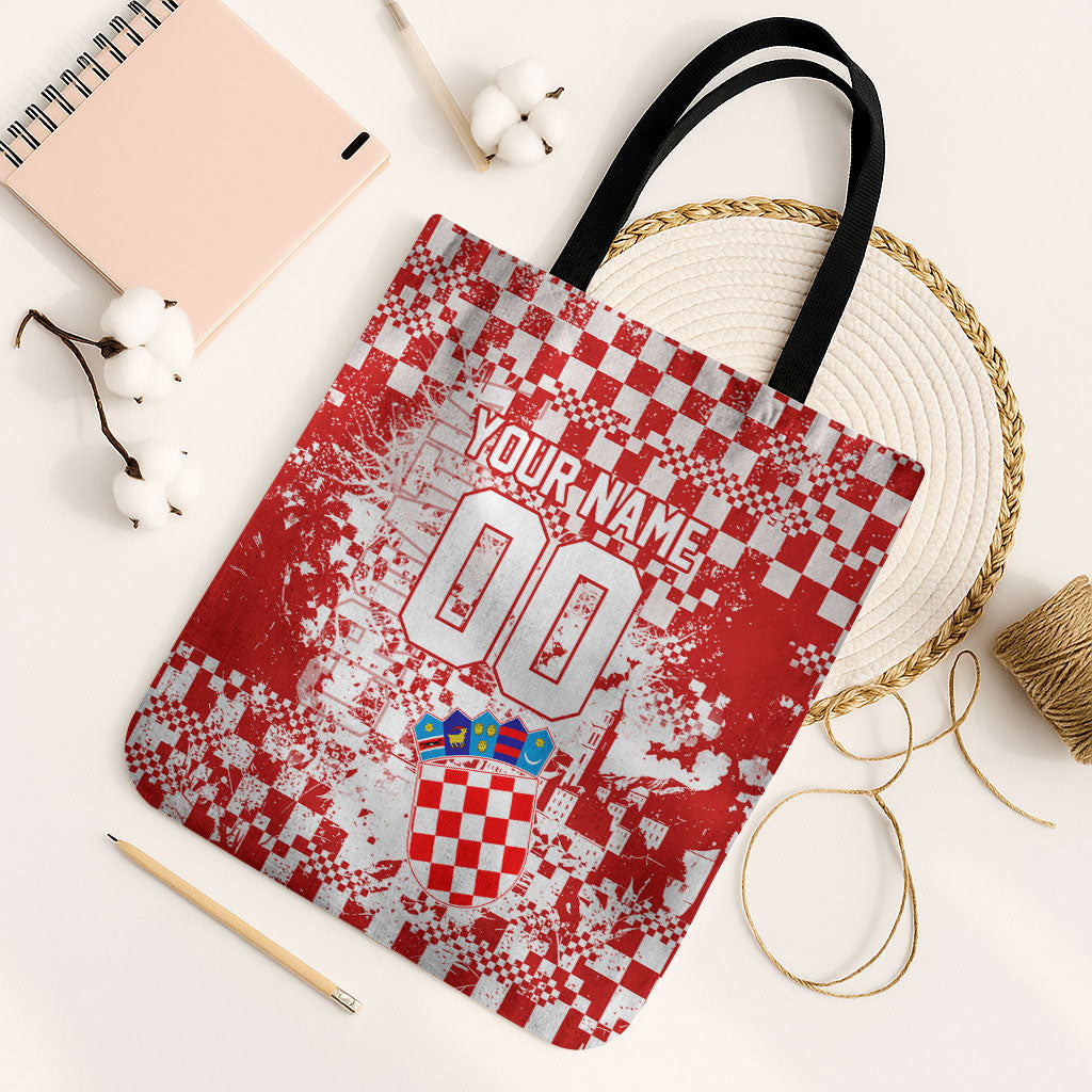 Personalized Croatia Football Wolf Mascot Tote Bag Checkerboard Soccer Pride - Splatter Textures