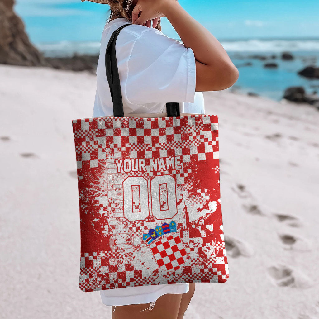 Personalized Croatia Football Wolf Mascot Tote Bag Checkerboard Soccer Pride - Splatter Textures