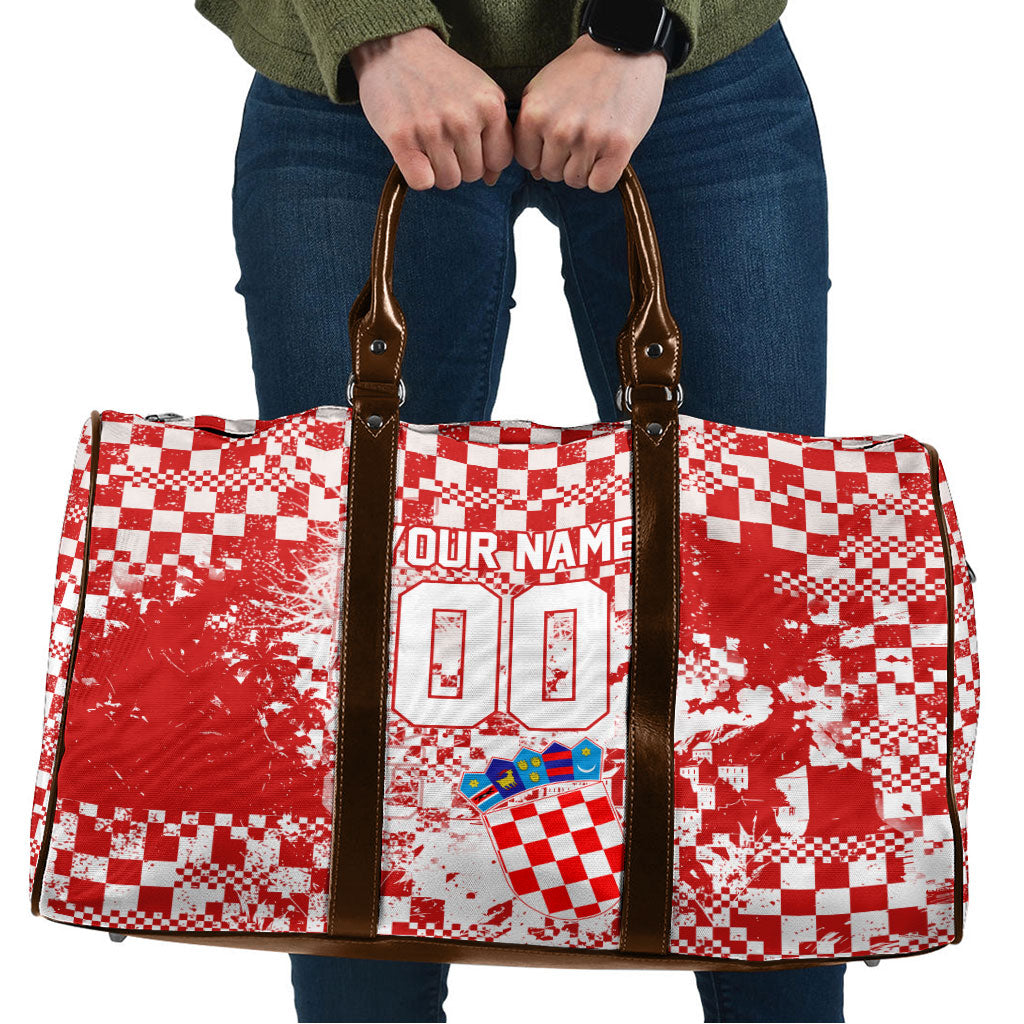 Personalized Croatia Football Wolf Mascot Travel Bag Checkerboard Soccer Pride - Splatter Textures