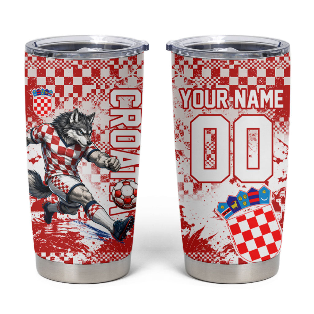 Personalized Croatia Football Wolf Mascot Tumbler Cup Checkerboard Soccer Pride - Splatter Textures