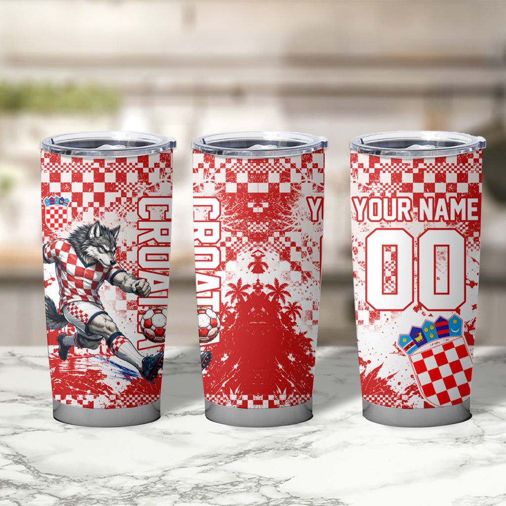 Personalized Croatia Football Wolf Mascot Tumbler Cup Checkerboard Soccer Pride - Splatter Textures