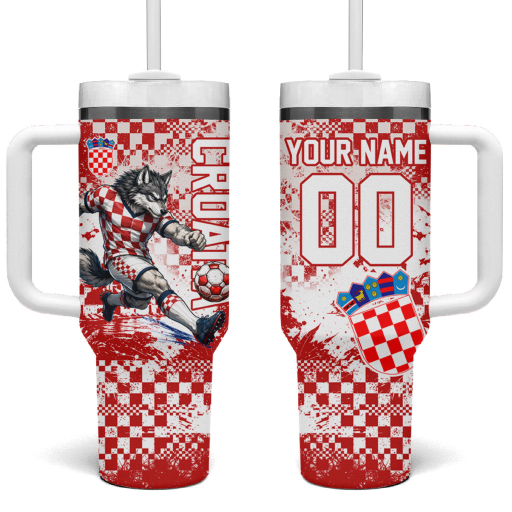 Personalized Croatia Football Wolf Mascot Tumbler With Handle Checkerboard Soccer Pride - Splatter Textures