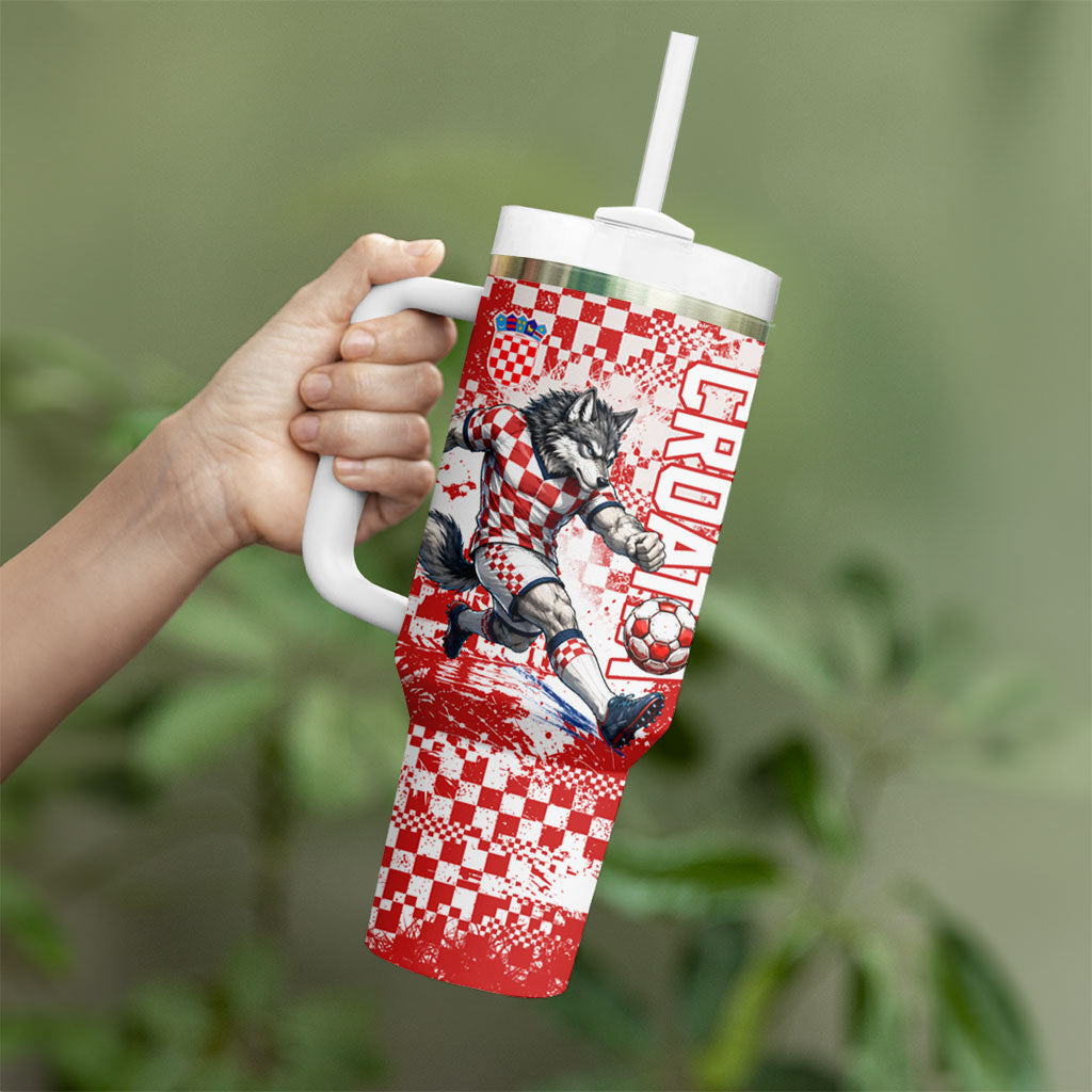Personalized Croatia Football Wolf Mascot Tumbler With Handle Checkerboard Soccer Pride - Splatter Textures