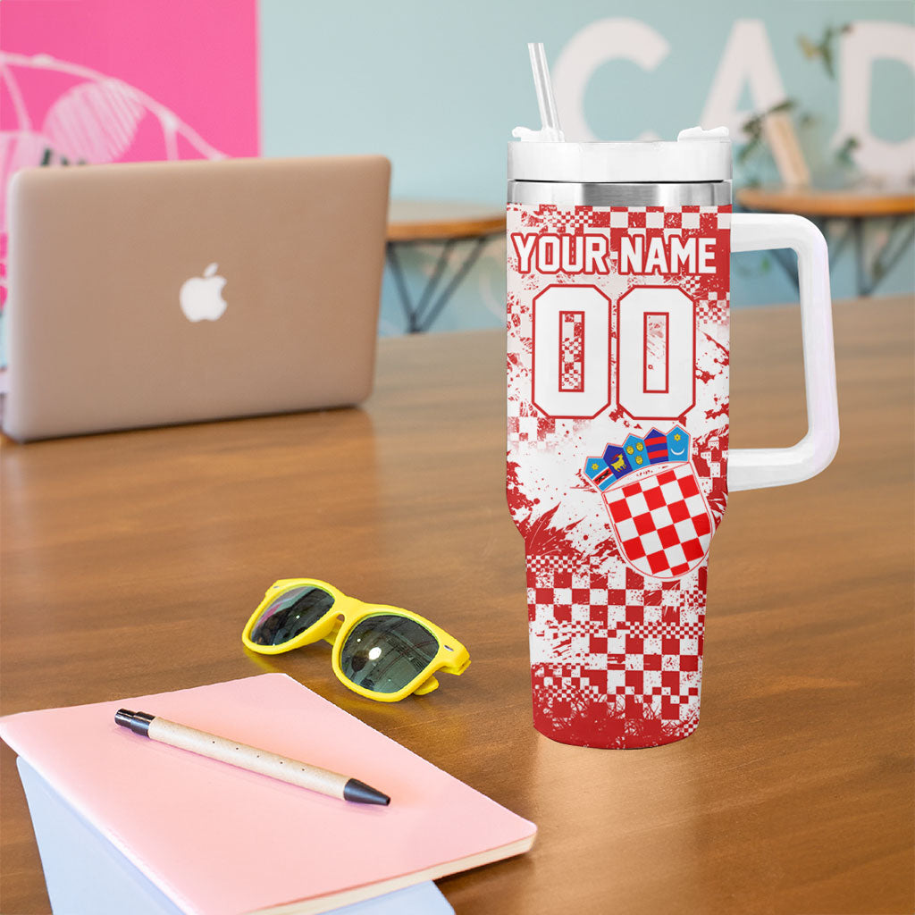 Personalized Croatia Football Wolf Mascot Tumbler With Handle Checkerboard Soccer Pride - Splatter Textures