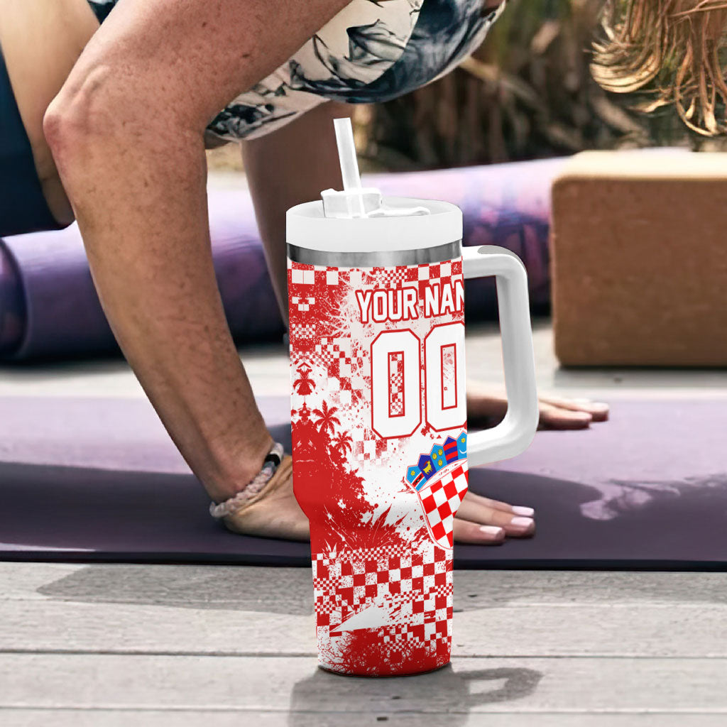 Personalized Croatia Football Wolf Mascot Tumbler With Handle Checkerboard Soccer Pride - Splatter Textures