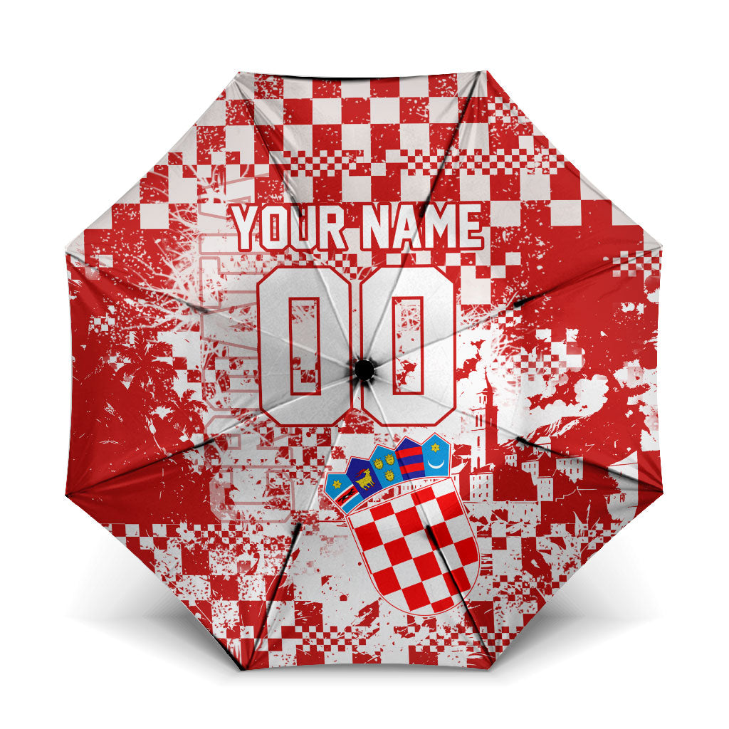 Personalized Croatia Football Wolf Mascot Umbrella Checkerboard Soccer Pride - Splatter Textures