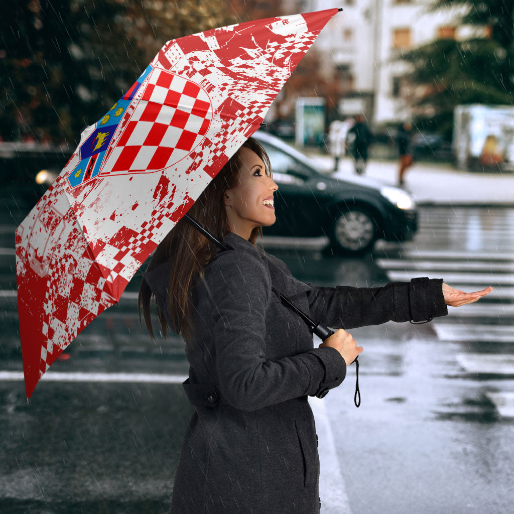 Personalized Croatia Football Wolf Mascot Umbrella Checkerboard Soccer Pride - Splatter Textures
