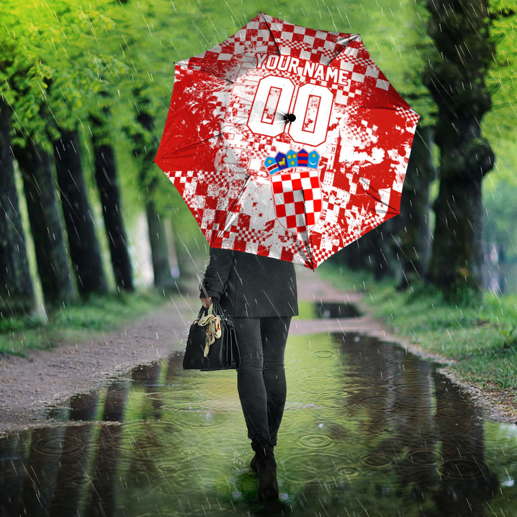 Personalized Croatia Football Wolf Mascot Umbrella Checkerboard Soccer Pride - Splatter Textures