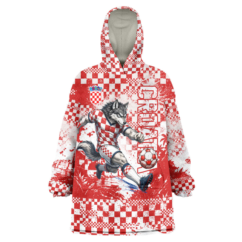 Personalized Croatia Football Wolf Mascot Wearable Blanket Hoodie Checkerboard Soccer Pride - Splatter Textures