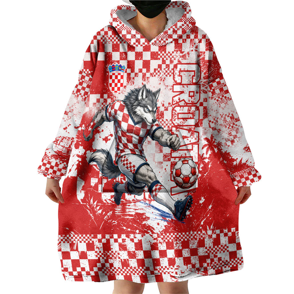 Personalized Croatia Football Wolf Mascot Wearable Blanket Hoodie Checkerboard Soccer Pride - Splatter Textures