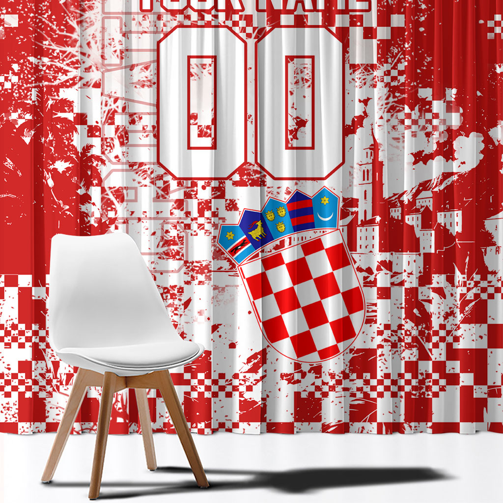 Personalized Croatia Football Wolf Mascot Window Curtain Checkerboard Soccer Pride - Splatter Textures