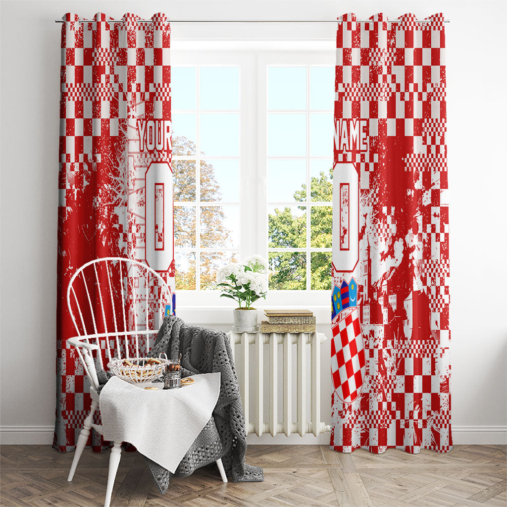 Personalized Croatia Football Wolf Mascot Window Curtain Checkerboard Soccer Pride - Splatter Textures