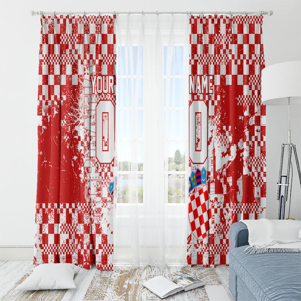 Personalized Croatia Football Wolf Mascot Window Curtain Checkerboard Soccer Pride - Splatter Textures