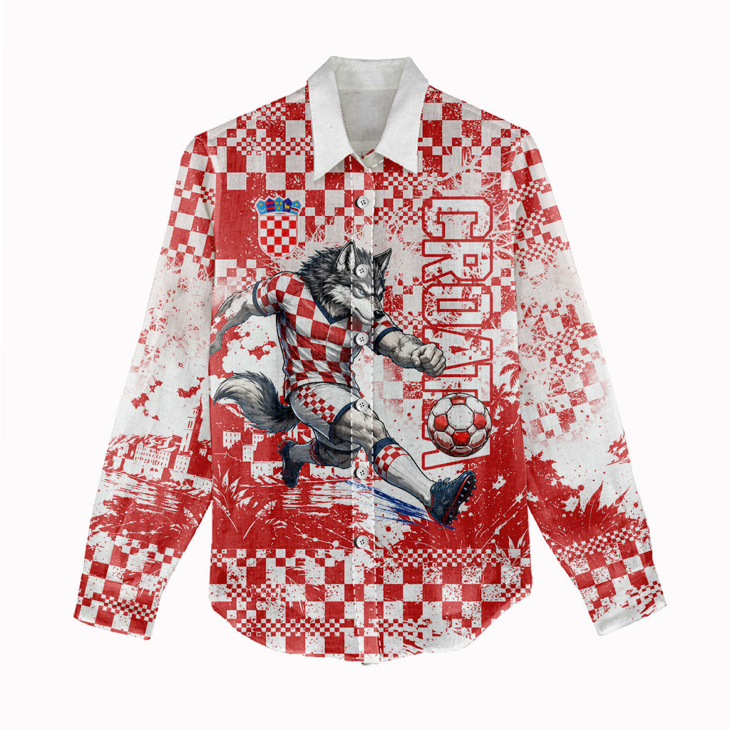 Personalized Croatia Football Wolf Mascot Women Casual Shirt Checkerboard Soccer Pride - Splatter Textures