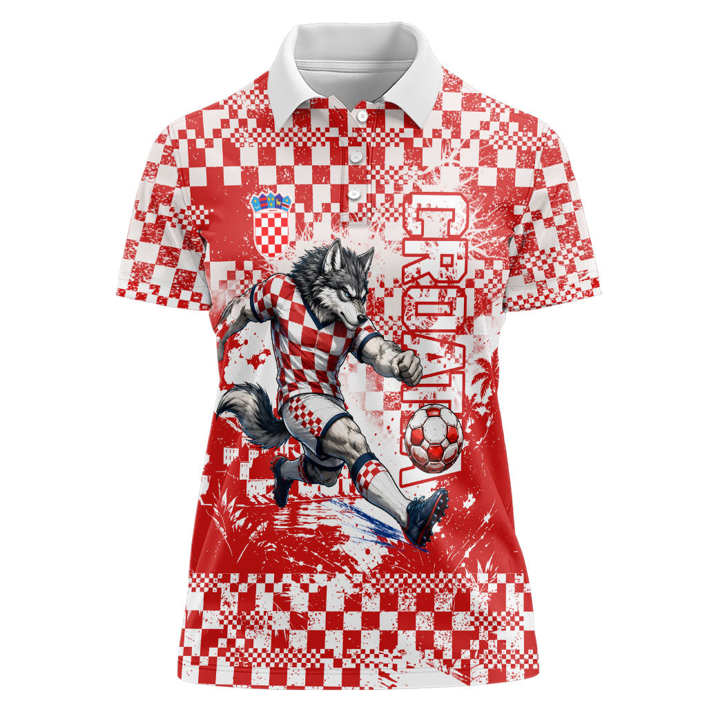 Personalized Croatia Football Wolf Mascot Women Polo Shirt Checkerboard Soccer Pride - Splatter Textures