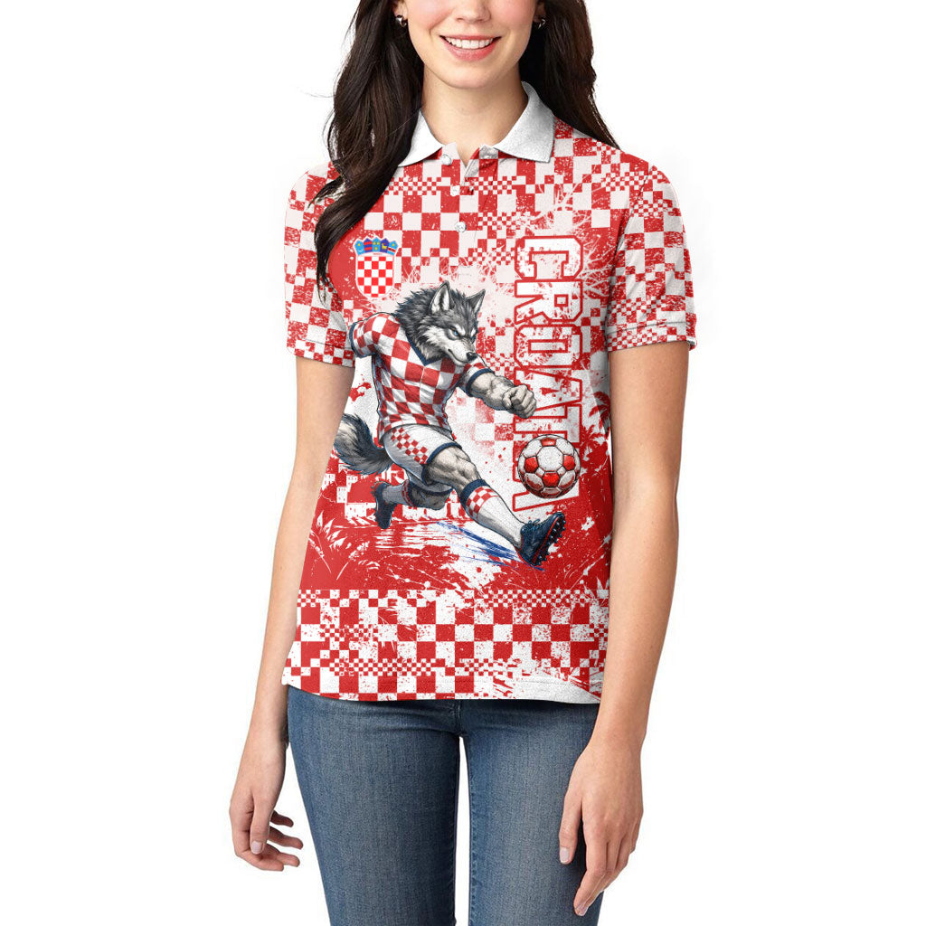 Personalized Croatia Football Wolf Mascot Women Polo Shirt Checkerboard Soccer Pride - Splatter Textures