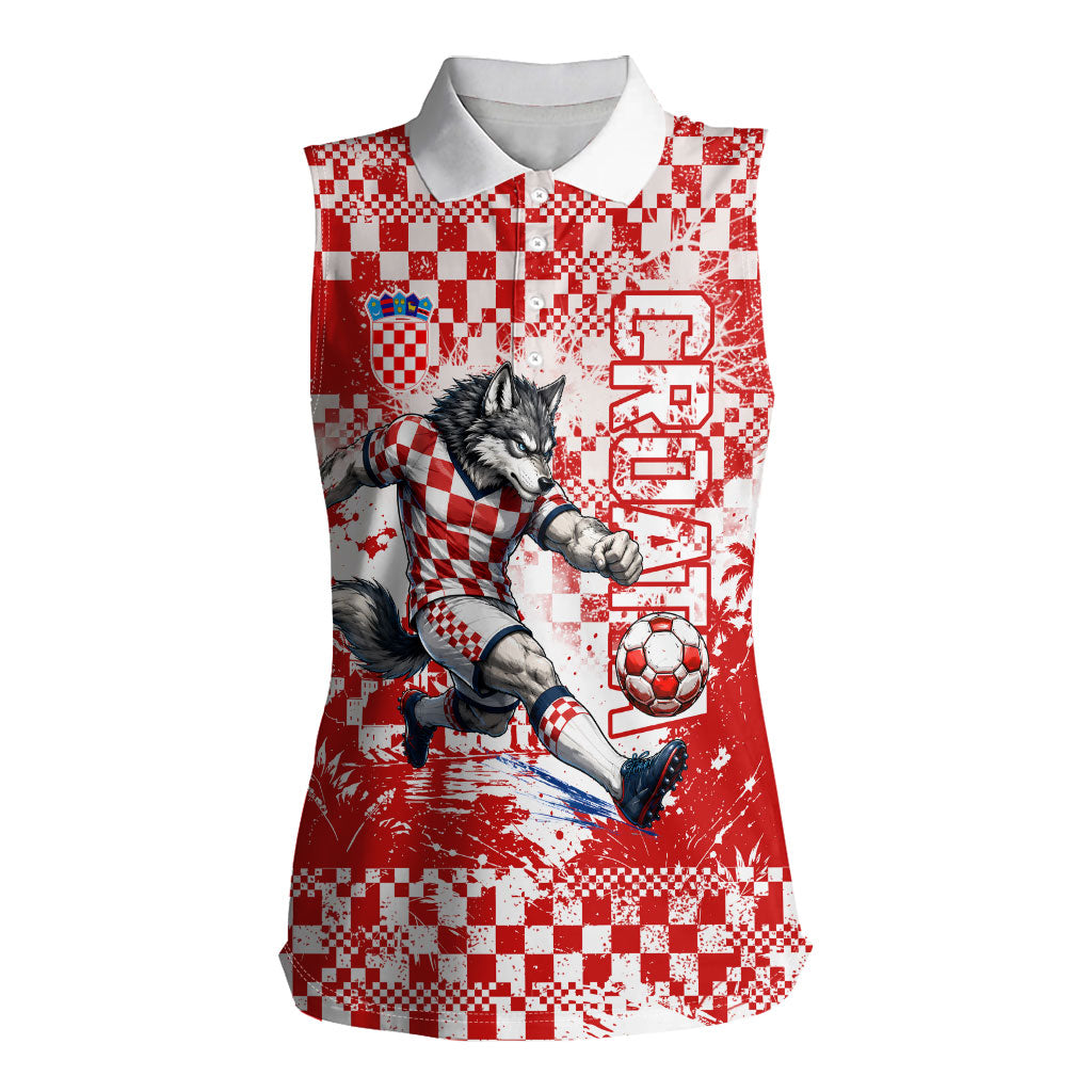 Personalized Croatia Football Wolf Mascot Women Sleeveless Polo Shirt Checkerboard Soccer Pride - Splatter Textures