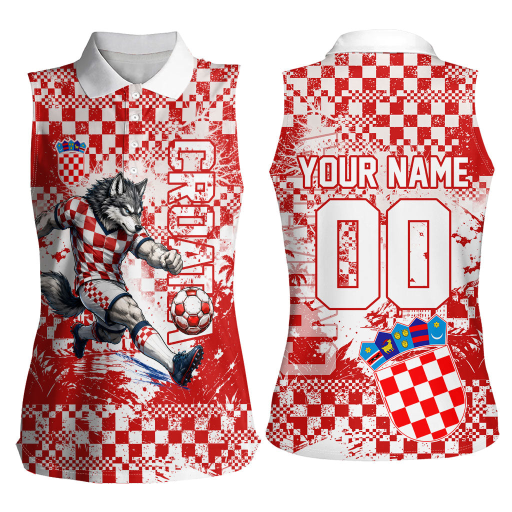 Personalized Croatia Football Wolf Mascot Women Sleeveless Polo Shirt Checkerboard Soccer Pride - Splatter Textures