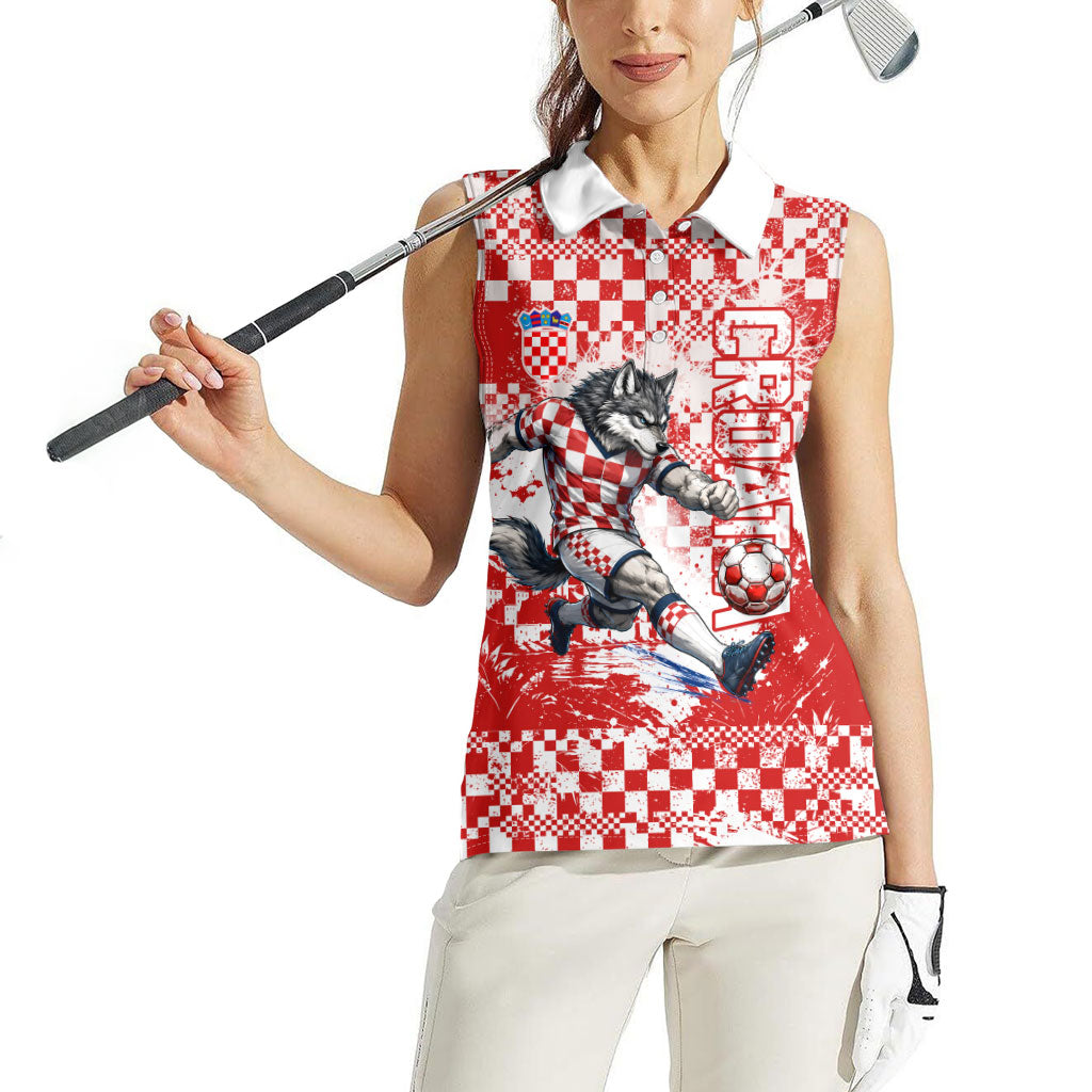 Personalized Croatia Football Wolf Mascot Women Sleeveless Polo Shirt Checkerboard Soccer Pride - Splatter Textures