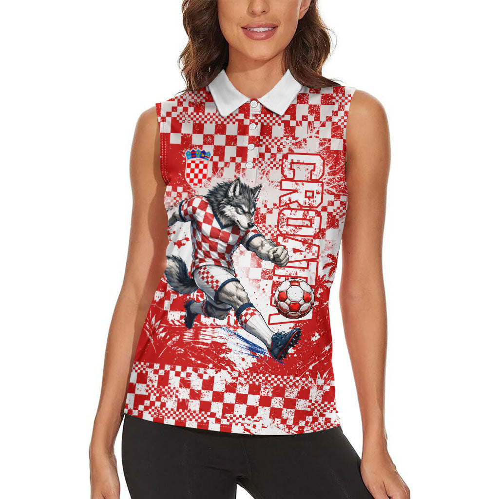 Personalized Croatia Football Wolf Mascot Women Sleeveless Polo Shirt Checkerboard Soccer Pride - Splatter Textures