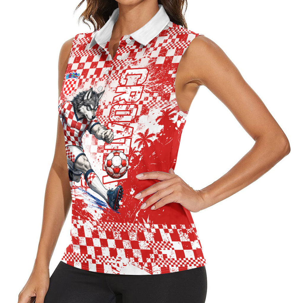 Personalized Croatia Football Wolf Mascot Women Sleeveless Polo Shirt Checkerboard Soccer Pride - Splatter Textures