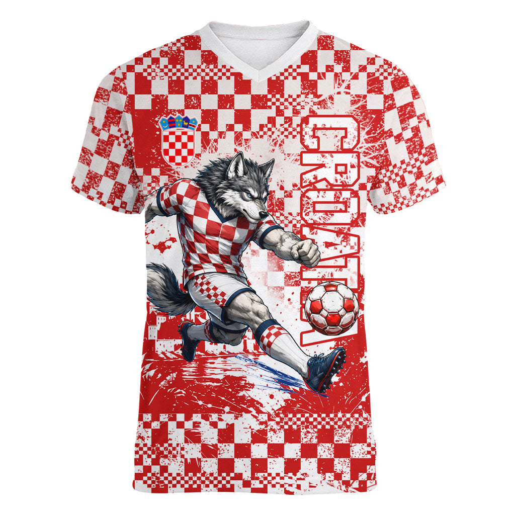Personalized Croatia Football Wolf Mascot Women V-Neck T-Shirt Checkerboard Soccer Pride - Splatter Textures