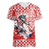Personalized Croatia Football Wolf Mascot Women V-Neck T-Shirt Checkerboard Soccer Pride - Splatter Textures