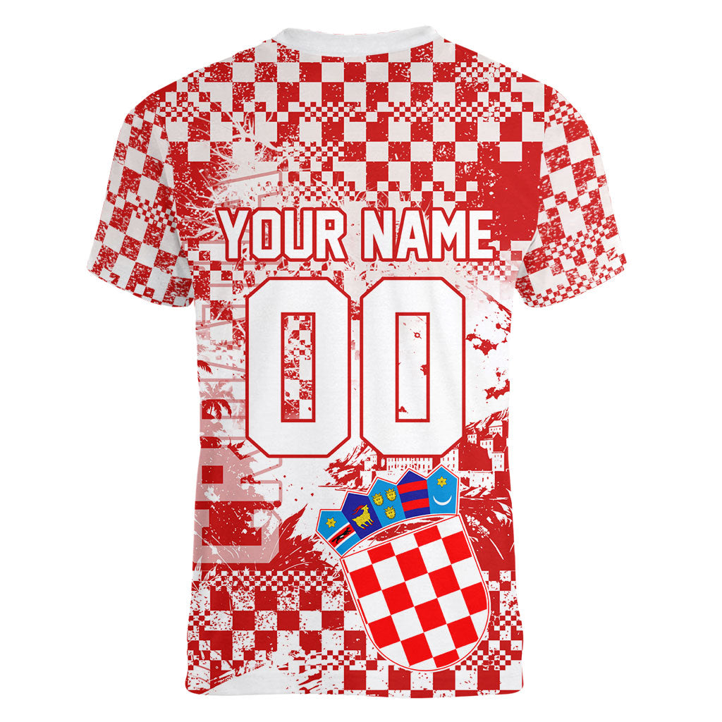 Personalized Croatia Football Wolf Mascot Women V-Neck T-Shirt Checkerboard Soccer Pride - Splatter Textures