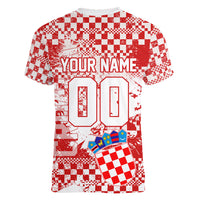 Personalized Croatia Football Wolf Mascot Women V-Neck T-Shirt Checkerboard Soccer Pride - Splatter Textures