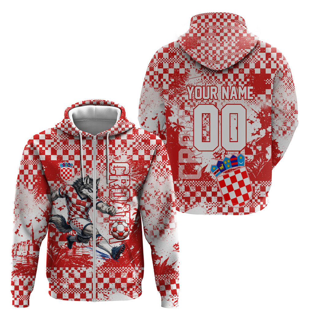 Personalized Croatia Football Wolf Mascot Zip Hoodie Checkerboard Soccer Pride - Splatter Textures