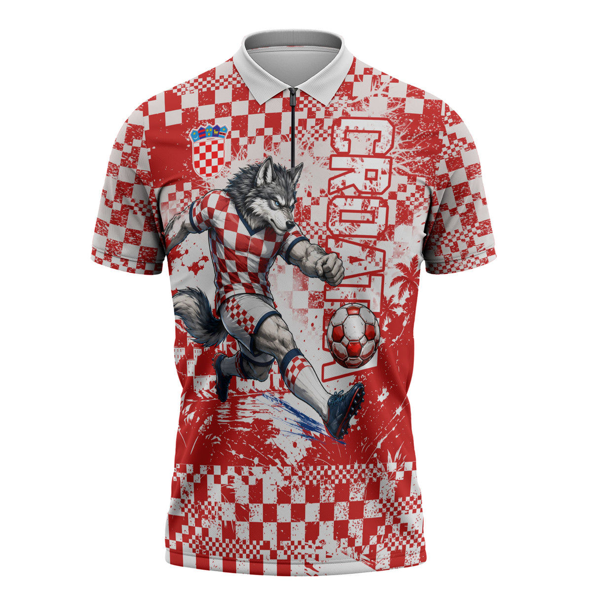 Personalized Croatia Football Wolf Mascot Zipper Polo Shirt Checkerboard Soccer Pride - Splatter Textures