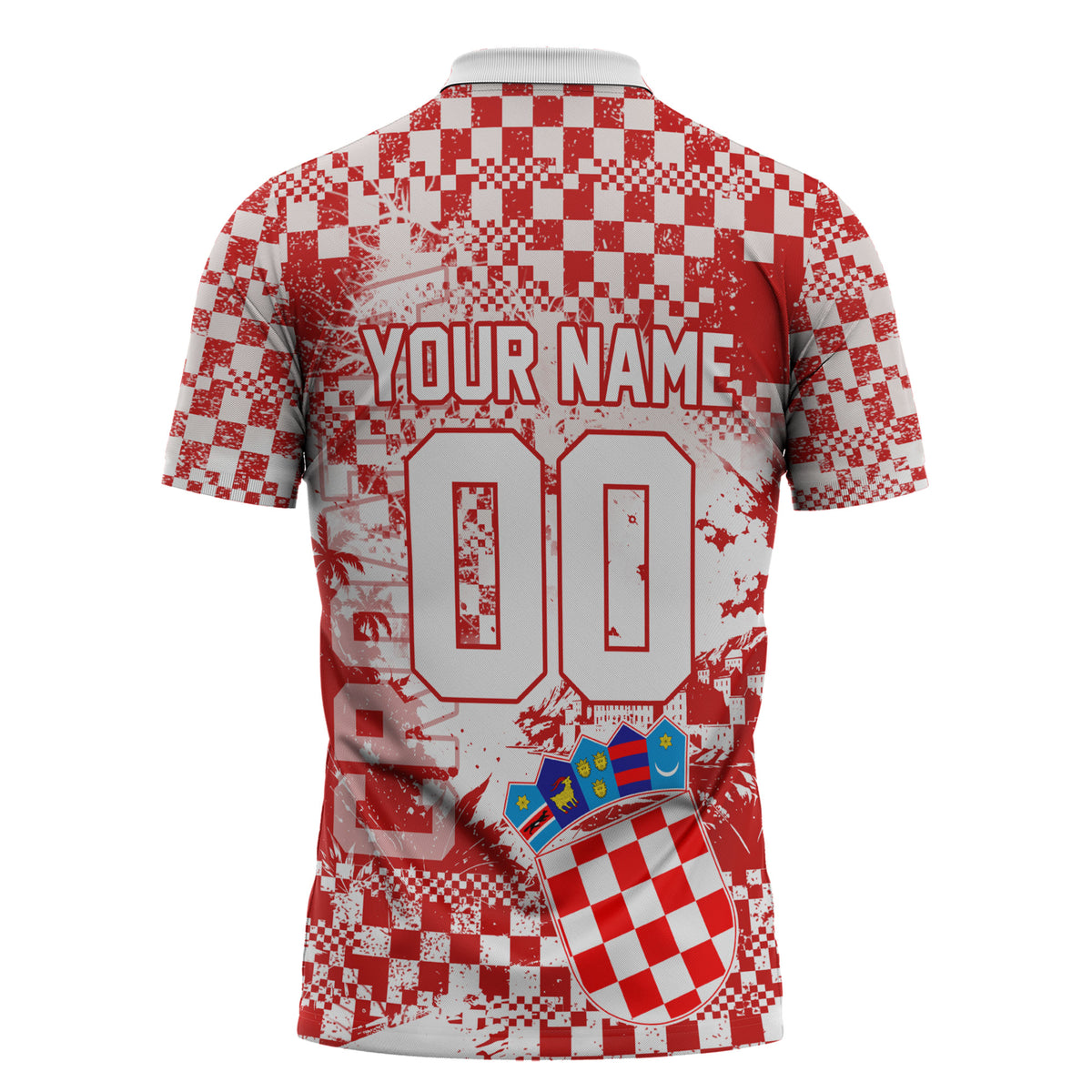 Personalized Croatia Football Wolf Mascot Zipper Polo Shirt Checkerboard Soccer Pride - Splatter Textures