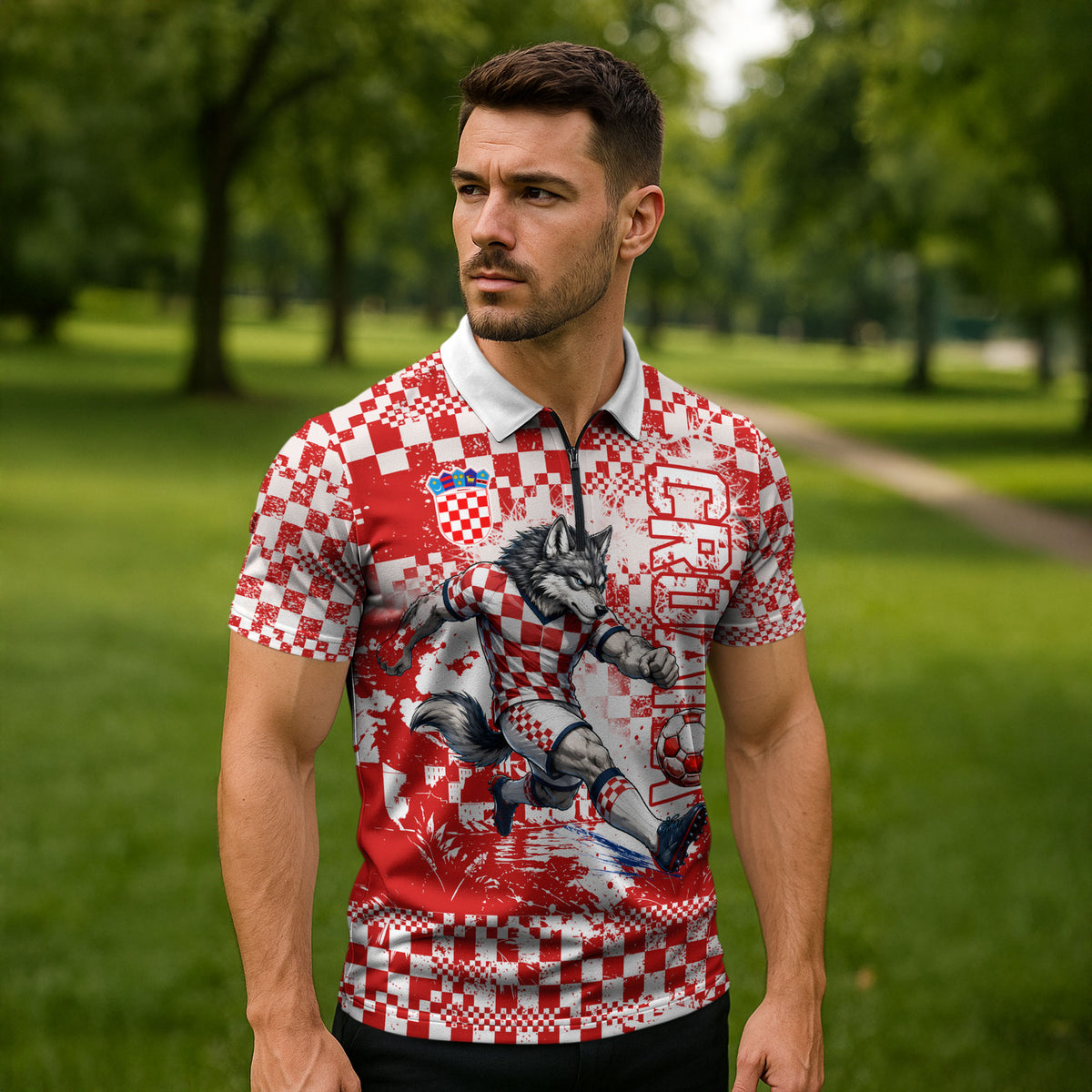 Personalized Croatia Football Wolf Mascot Zipper Polo Shirt Checkerboard Soccer Pride - Splatter Textures