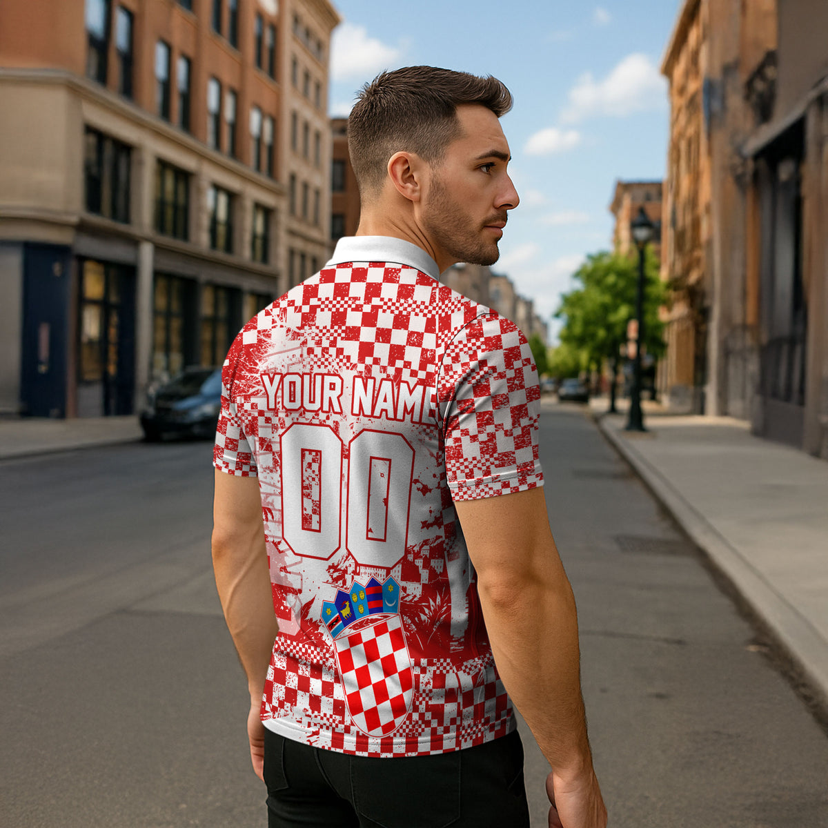 Personalized Croatia Football Wolf Mascot Zipper Polo Shirt Checkerboard Soccer Pride - Splatter Textures