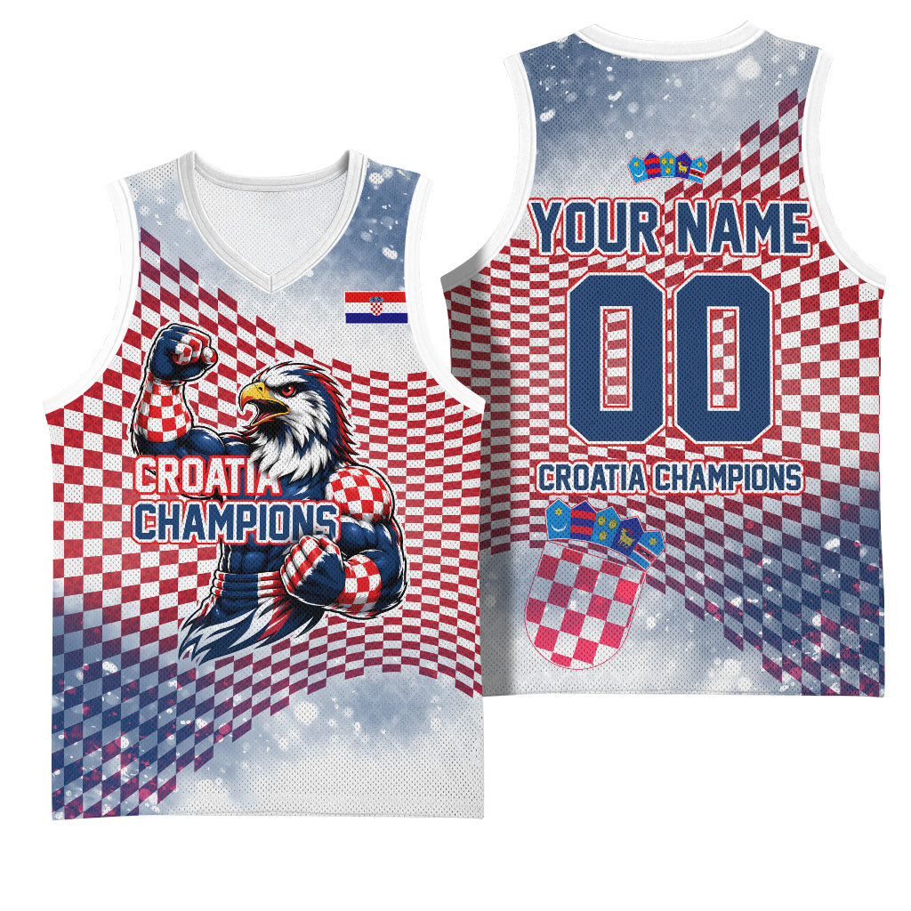 Personalized Croatia Football Eagle Mascot Basketball Jersey Checkerboard Pattern - Accent Splatters